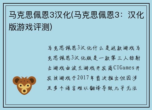 马克思佩恩3汉化(马克思佩恩3：汉化版游戏评测)